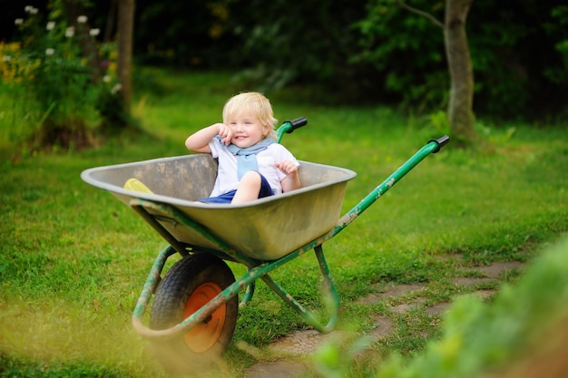 Blonder Kleinkindjunge, der Spaß in einer Schubkarre im inländischen Garten hat