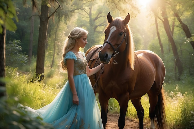 Blonder Teenager und Mädchen in wallendem Kleid sitzen auf einem Pferd im Herbstwald und züchten Pferde