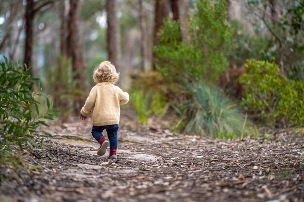 Blondes Kleinkind spaziert in einem Wald auf einer Wanderung im Frühling in einem Nationalpark