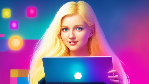 Foto blondes mädchen hält laptop tablet frontansicht ästhetisch farbenfroher gradient abstrakter hintergrund