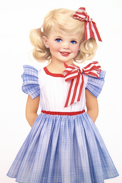 Foto blondes mädchen im blauen kleid mit roter schleife und weißem hemd generative ai