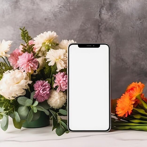 Blooming Artistry großes Smartphone mit leerem Bildschirm und frischen Blumensträußen