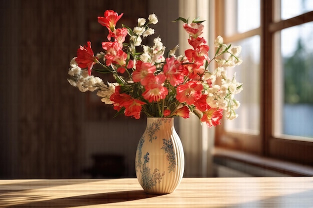 Blooming Elegance AIGenerated florero fresco que adorna una mesa de madera en el interior