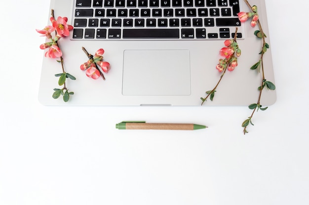 Blooming notebook laptop oficina primavera flores manzana rama rosa blanco copia espacio