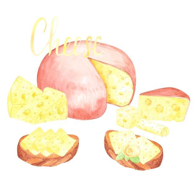Bloque de acuarela dibujado a mano y pedazos de queso con sándwiches aislados en fondo blanco Se puede usar para libros de recortes de etiquetas de postales y otros productos impresos
