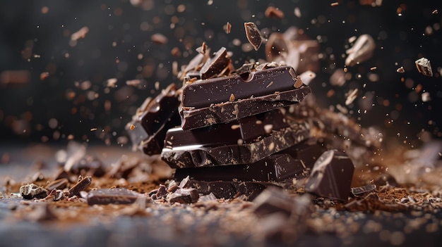 Un bloque de chocolate oscuro se está rompiendo con fragmentos volando alrededor