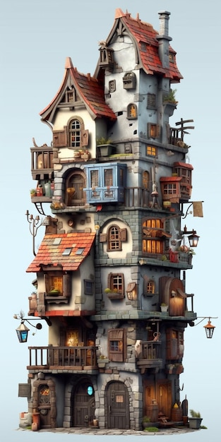 un bloque de la ciudad con una casa de muñecas y escaleras de piedra en el estilo de steampunk gótico