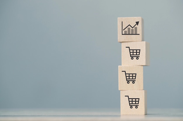 bloque de cubo de madera con crecimiento organizativo y ventas de acuerdo con los objetivos comerciales