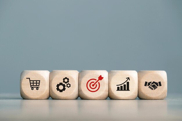 Bloque de cubo de madera con IA para analizar los datos de marketing de los clientes para crear crecimiento de ventas