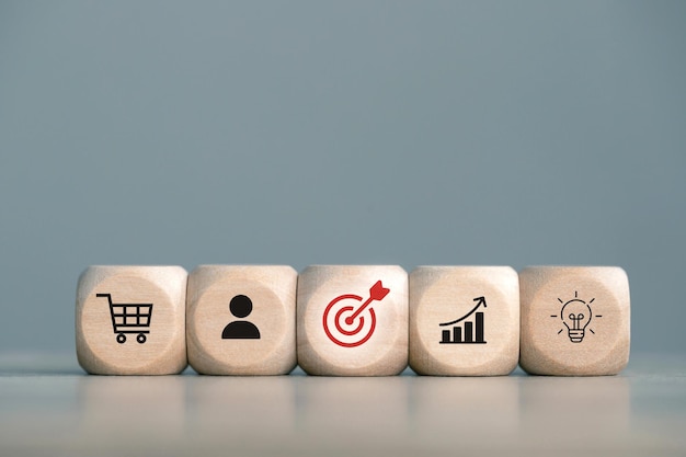 Bloque de cubo de madera con IA para analizar los datos de marketing de los clientes para crear crecimiento de ventas