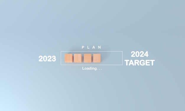 Bloque de cubo de madera línea azul blanca carga plan de texto letras 2023 a 2024 feliz año nuevo