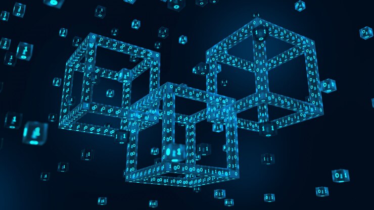 Foto bloque digital 3d con código digital. blockchain render 3d.