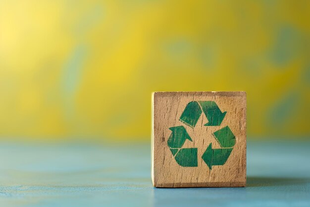 un bloque de madera con el símbolo de reciclaje verde