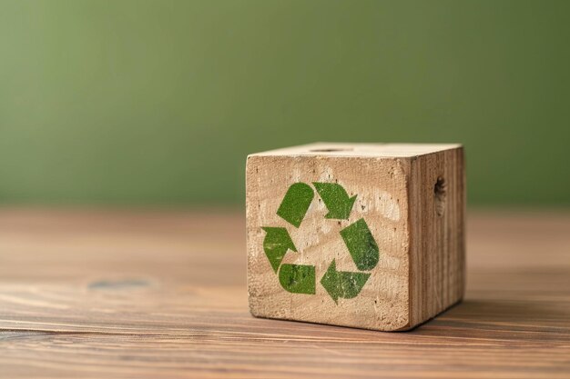 un bloque de madera con el símbolo de reciclaje verde