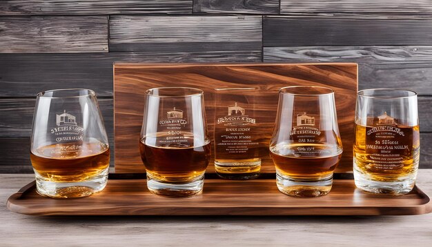 Foto un bloque de madera con varios vasos de whisky en él