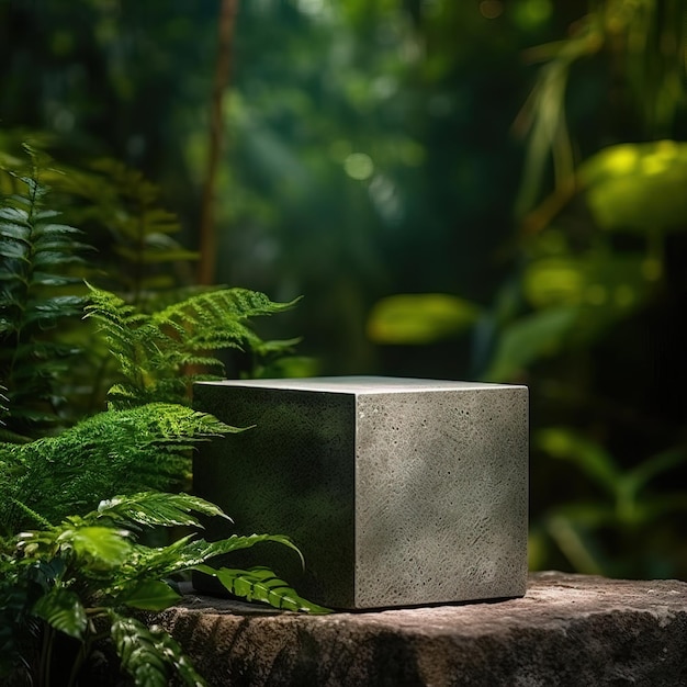 Un bloque de piedra se asienta sobre una roca en la selva.