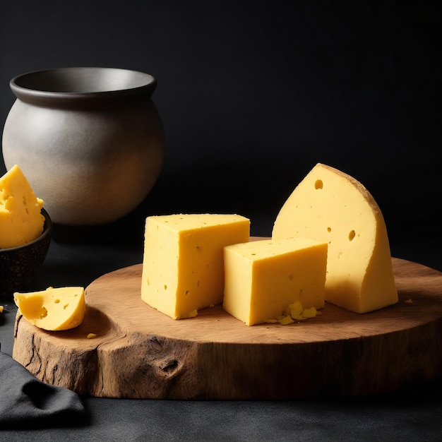 un bloque de queso de madera con un tazón de mantequilla y un fondo negro