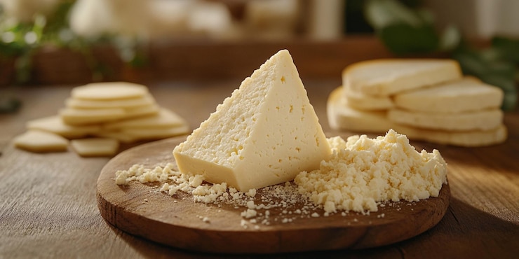un bloque de queso con un pedazo de queso en él