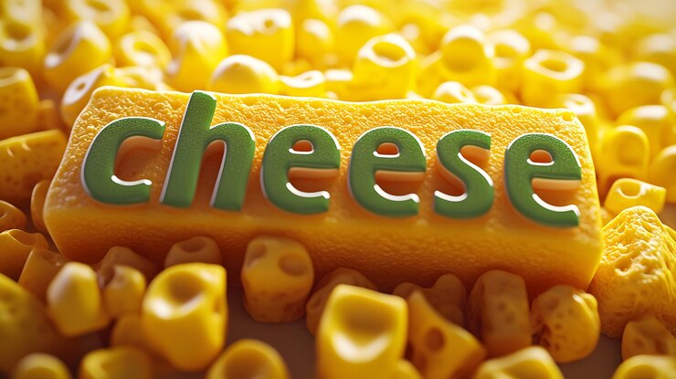 Foto bloque de queso vibrante con textura lúdica rodeado de piezas de queso de colores y letras creativas de queso
