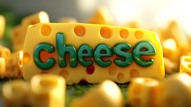 Foto bloque de queso vibrante con textura lúdica rodeado de piezas de queso de colores