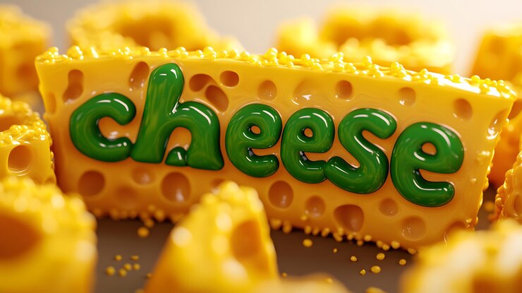 Foto bloque de queso vibrante con textura lúdica rodeado de piezas de queso de colores