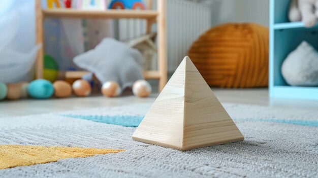 Bloque de triángulo de madera en una alfombra con fondo borroso de la habitación de los niños