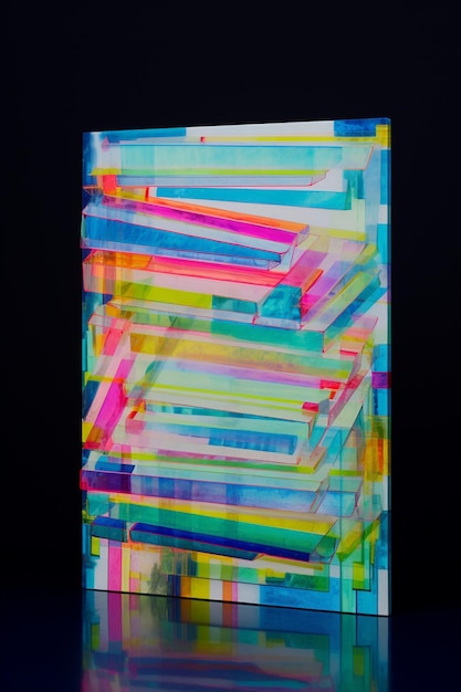 Un bloque de vidrio con líneas de colores y la palabra "arte" en él.
