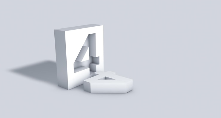 Foto bloque de yeso de procesamiento 3d con el número 4 tallado en el interior