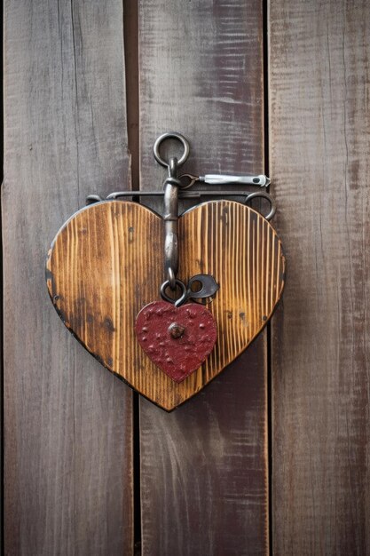 Foto bloqueio em forma de coração e chave em um fundo de madeira criado com generative ai