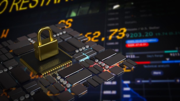 El bloqueo dorado en la placa de PCB para la ciberseguridad o el concepto de tecnología 3D renderingxA