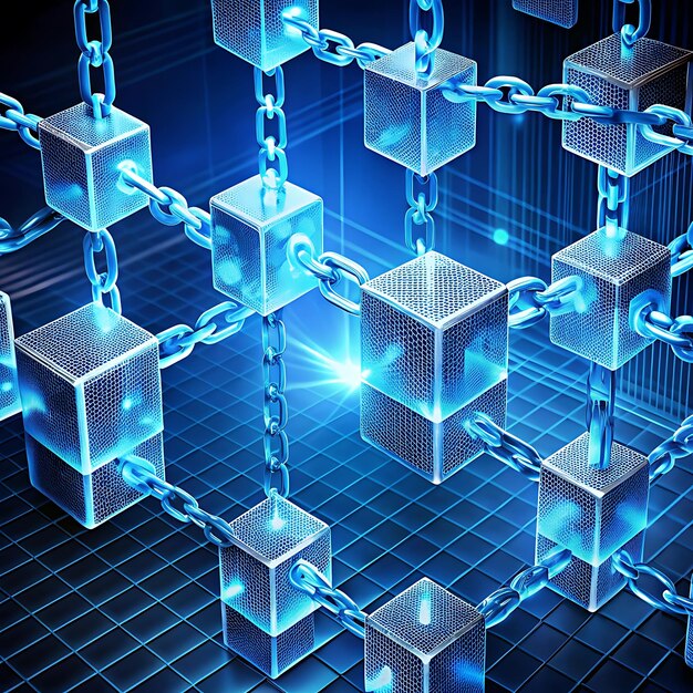 Bloques conectados en una cuadrícula similar a una cadena con datos que representan la conectividad y la estructura digitales