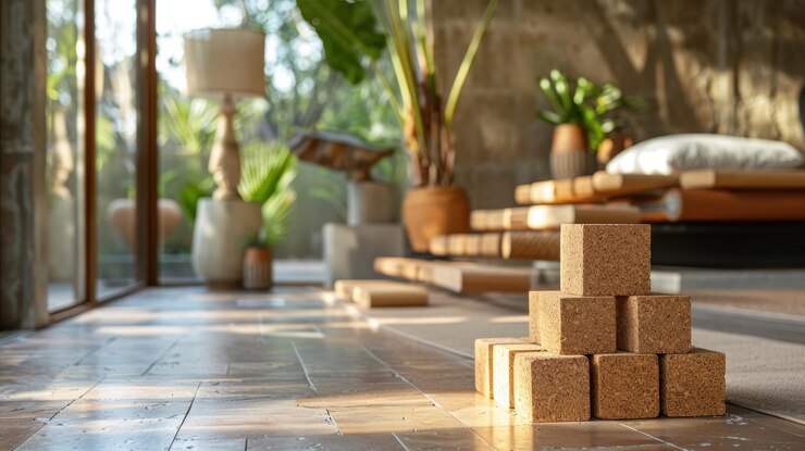 Bloques de corcho dispuestos en un interior moderno iluminado por el sol con plantas y acentos de madera
