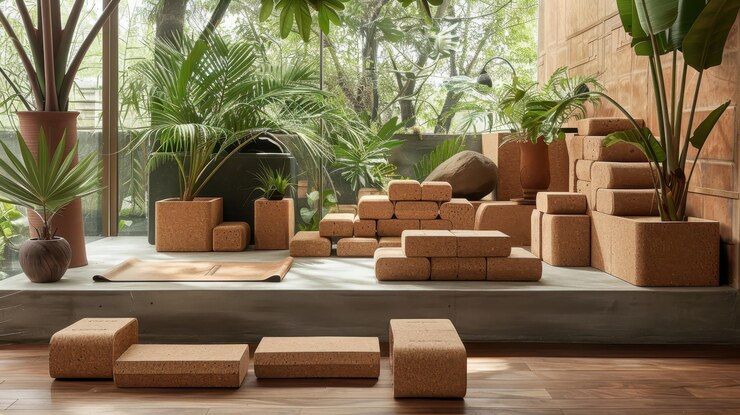 Bloques de corcho y plantas dispuestas en un jardín interior moderno con luz natural