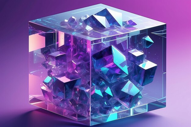 Bloques de cristal cúbico abstractos holográficos en 3D con textura holográfica de color púrpura Ilustración vectorial en 3D aislada sobre un fondo azul