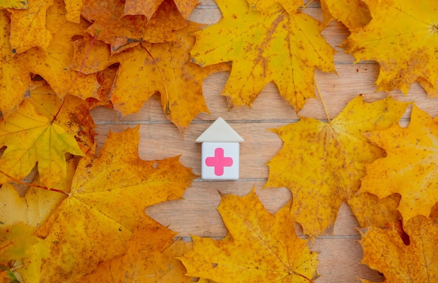 Bloques con cruz roja médica junto a hojas sobre una mesa de madera