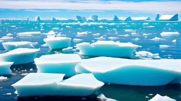 Foto los bloques de hielo se desplazan en aguas azules con icebergs lejanos bajo un cielo nublado