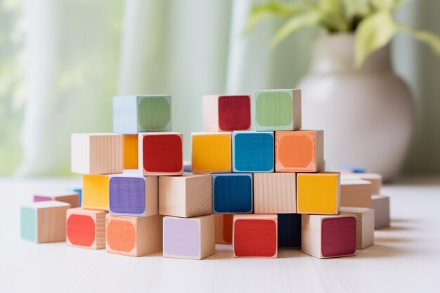 Bloques de juguete de madera de colores sobre una mesa de madera blanca frente a la ventana