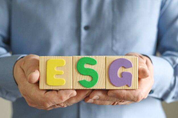 Bloques de madera con abreviatura esg en manos