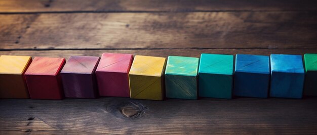 Bloques de madera de colores alineados diagonalmente sobre una antigua mesa de madera vintage