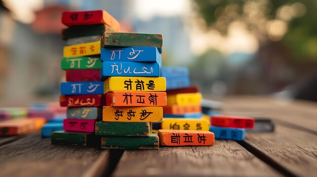 Bloques de madera de colores apilados en una torre precaria Los bloques están pintados en colores brillantes y tienen letras escritas en ellos