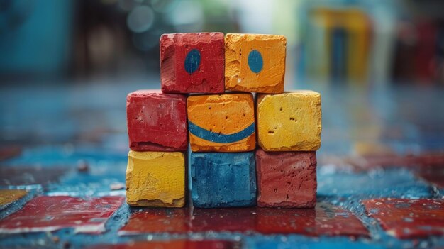 Foto bloques de madera de colores con caras sonrientes sobre un fondo vibrante