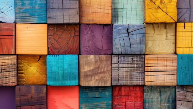 Bloques de madera de colores dispuestos en una cuadrícula cada uno con diferentes colores