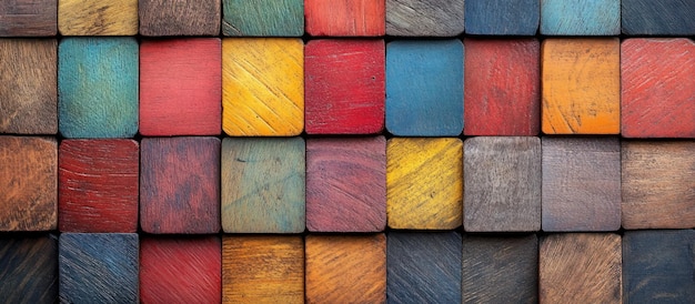 Bloques de madera de colores dispuestos en un patrón de cuadrícula que muestran varios tonos de azul rojo amarillo y marrón