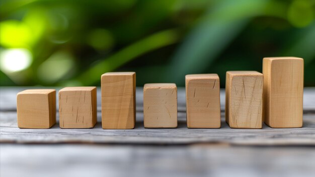 Bloques de madera en una fila en una mesa con fondo bokeh verde