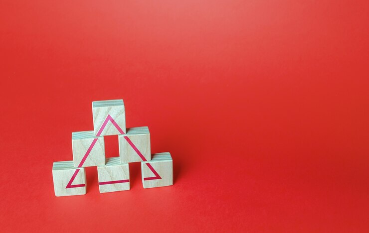 Foto los bloques de madera forman un concepto de sistema de clasificación empresarial o de sociedad triangular