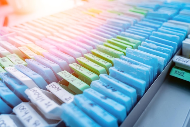 Bloques de tejido del paciente multicolores en el laboratorio moderno