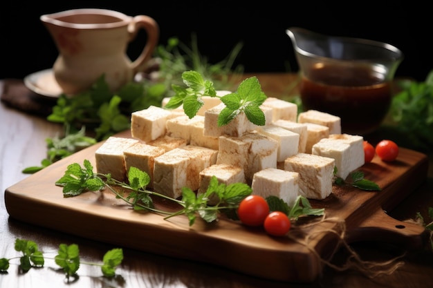 Bloques de tofu recién hechos sobre una tabla de madera