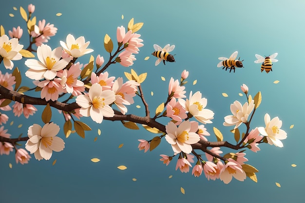 Blossom Baumzweig Süße kleine Bienen fliegen 3D-Illustration Vektor