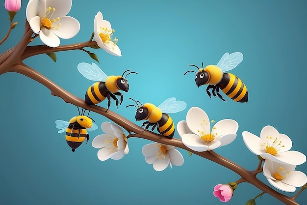 Blossom Baumzweig Süße kleine Bienen fliegen 3D-Illustration Vektor