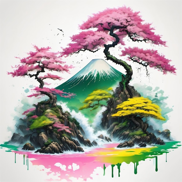 Blossom Tree Waterfall Design tradicional japonês adequado para impressão de camiseta